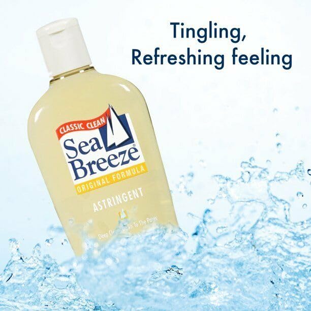 Seabreeze poured onto cotton pad texture showing clear liquid for quick refresh benefit