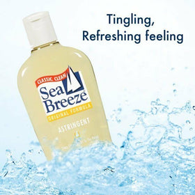 Seabreeze poured onto cotton pad texture showing clear liquid for quick refresh benefit