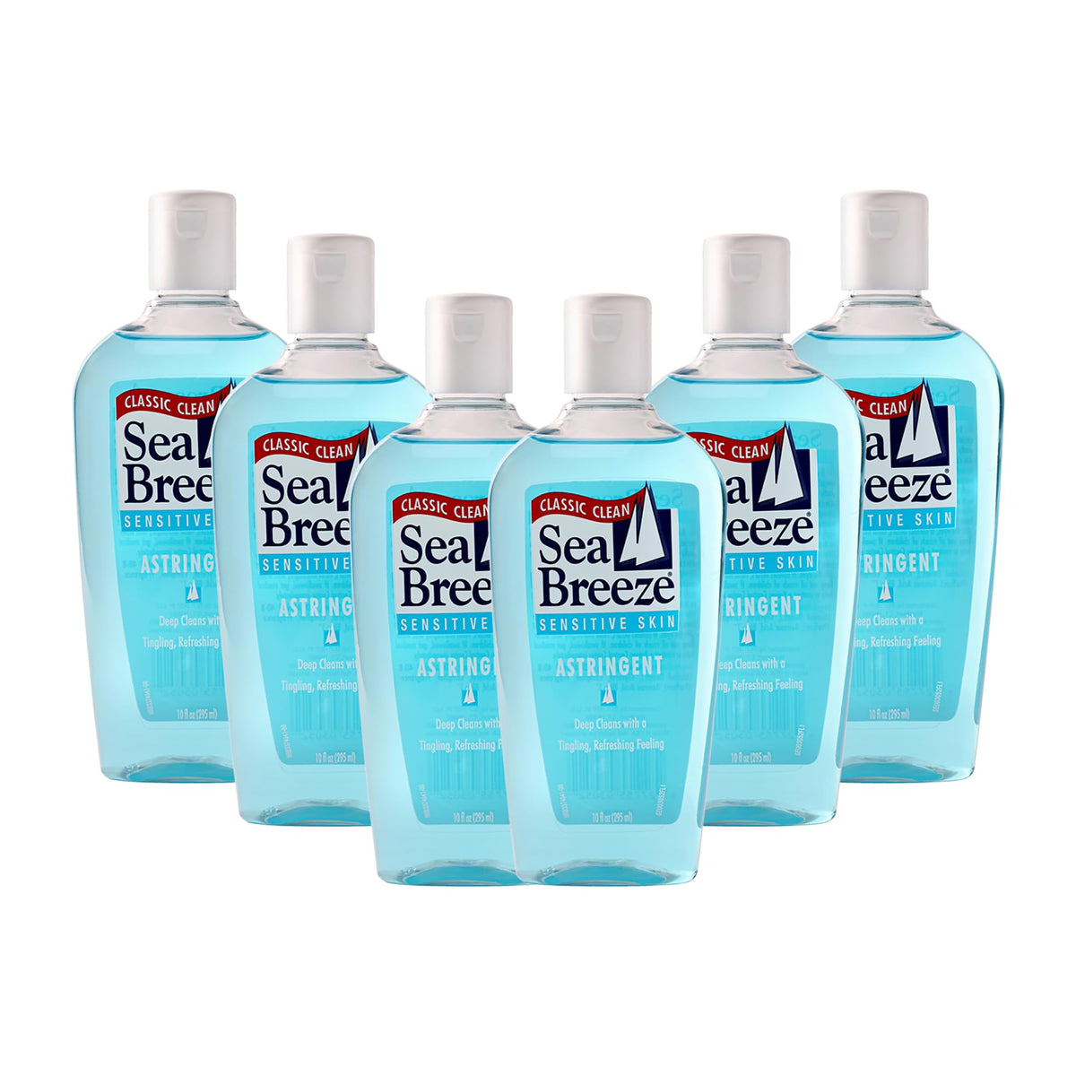 Sea Breeze front label showing cleanser and soothing ingredients, promotes refreshed skin