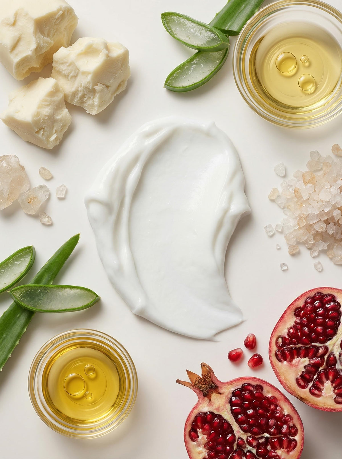 SEACRET ingredients flatlay including shea, coconut and botanical extracts