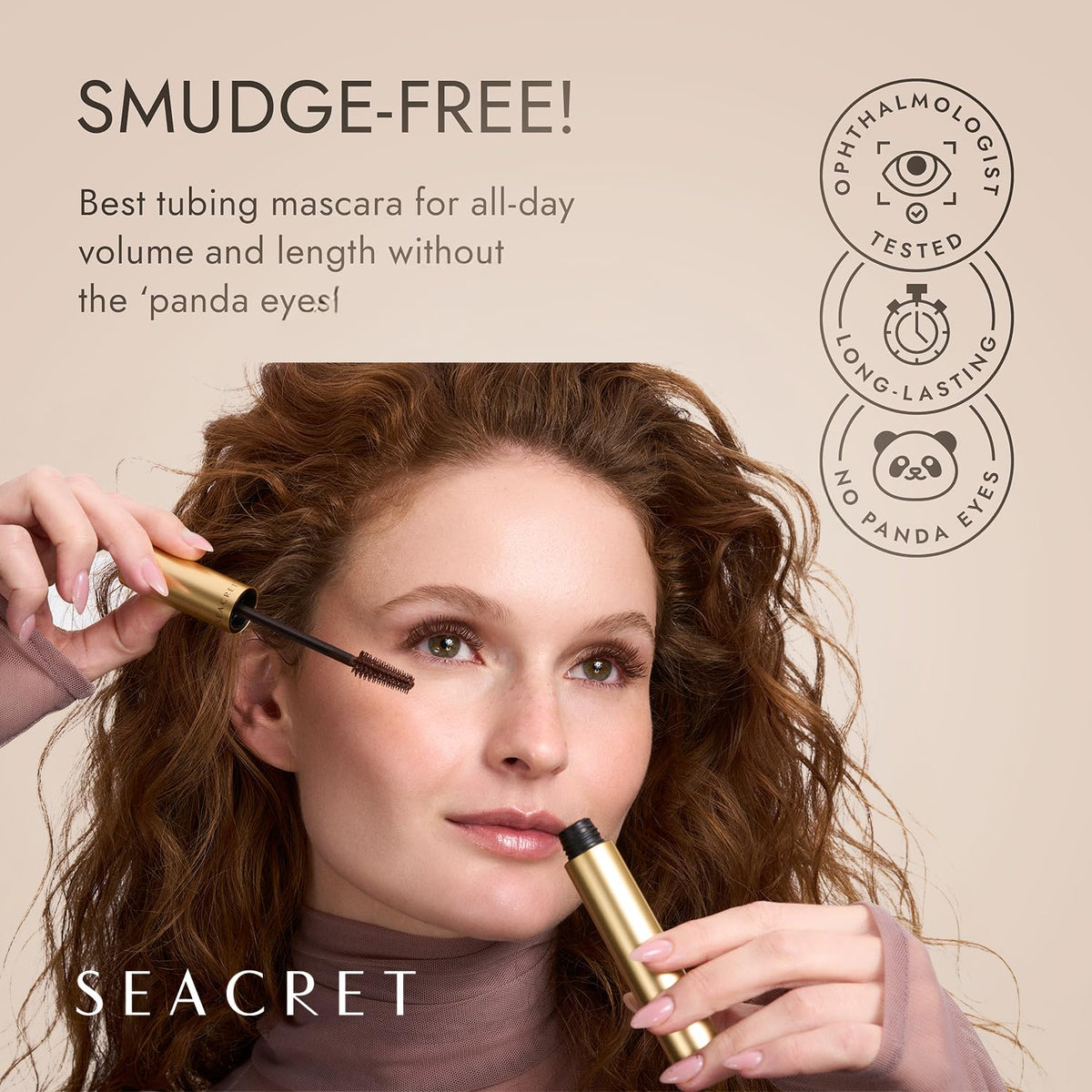 SEACRET swatch of brown tubing mascara texture showing smooth, buildable color