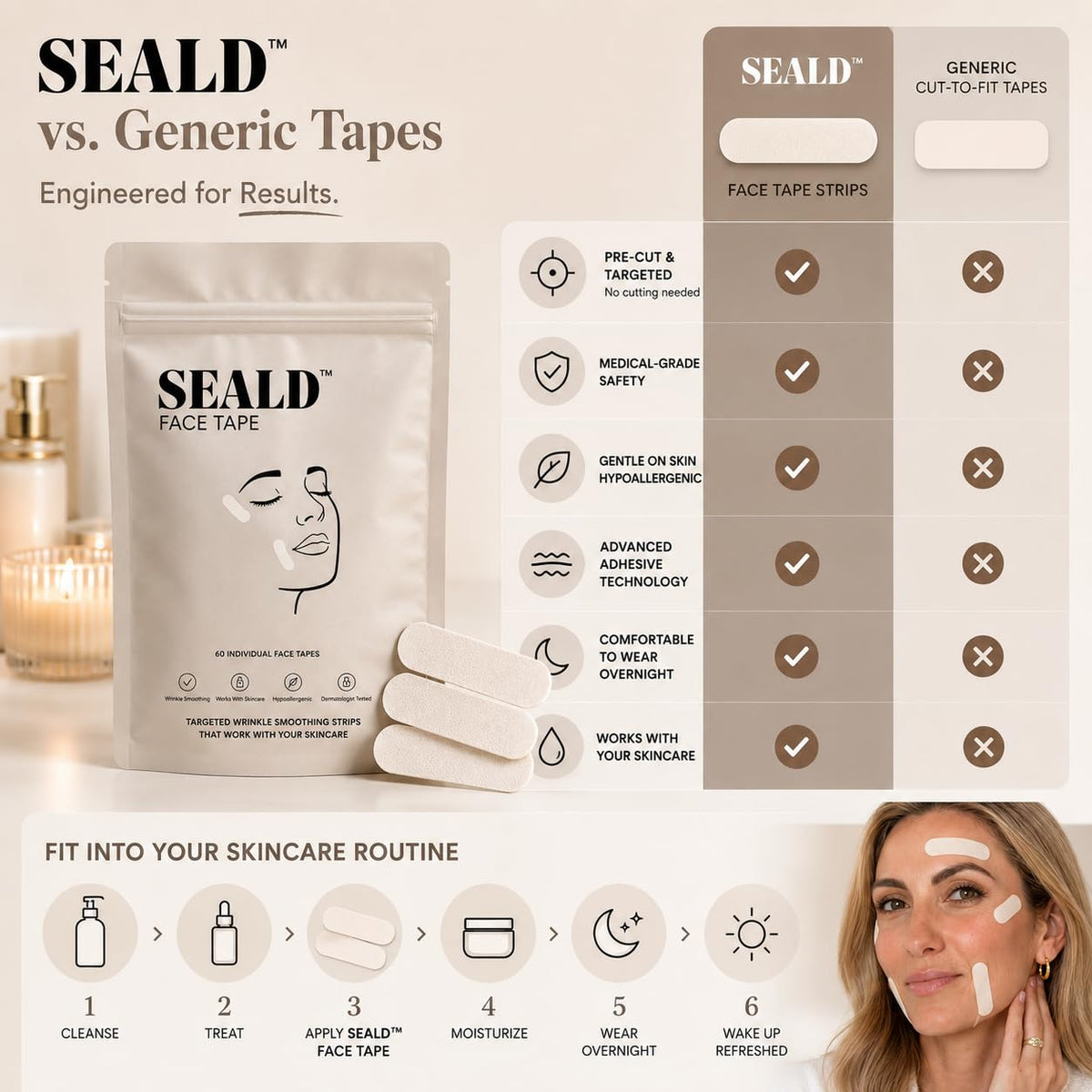 SEALD strip placed on cheek and jawline showing discreet, natural look