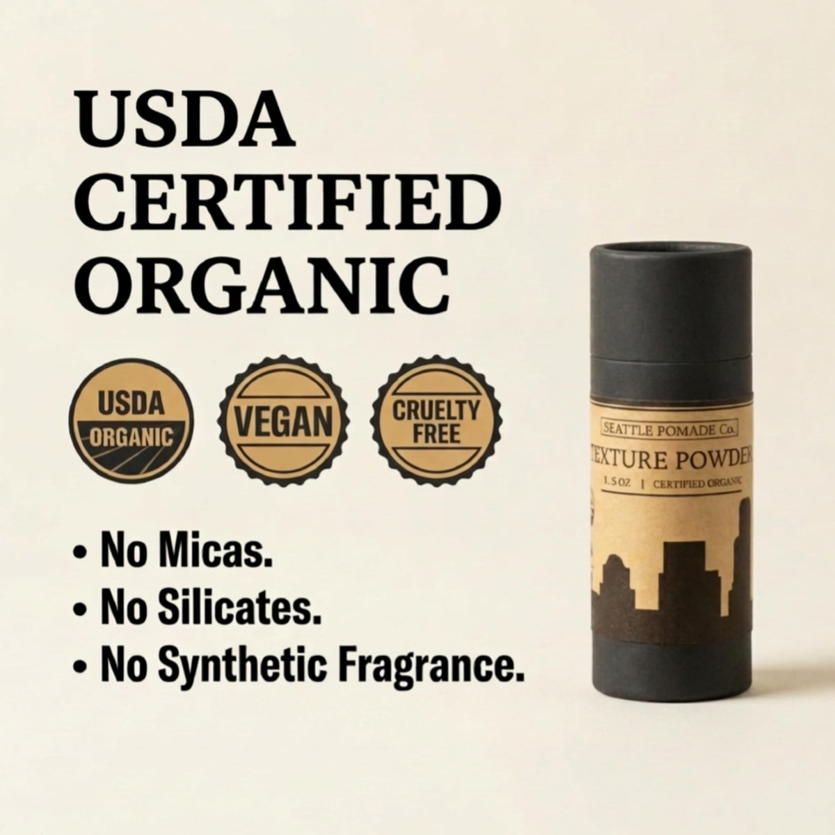 Seattle Pomade Co. label close-up highlighting certified organic ingredients benefit