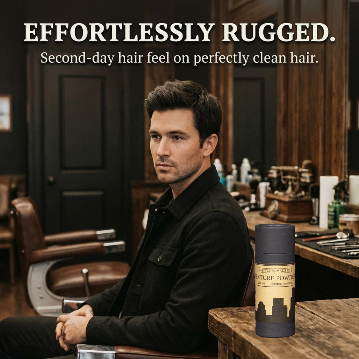 Seattle Pomade Co. product used in barbershop styling demonstrating matte finish benefit