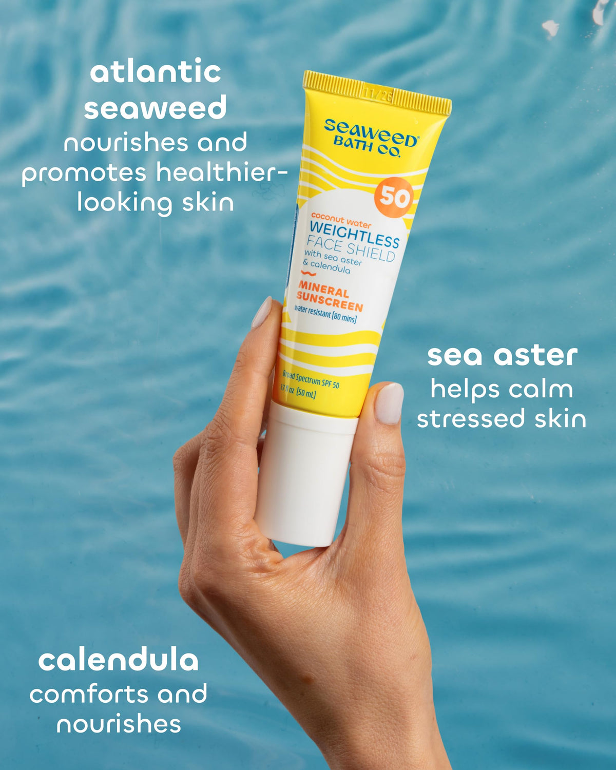 The Seaweed Bath Co. sunscreen on hand demonstrating sheer coverage and finish