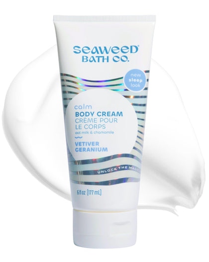 Seaweed Bath Co. front packaging showing bottle and calming scent benefits