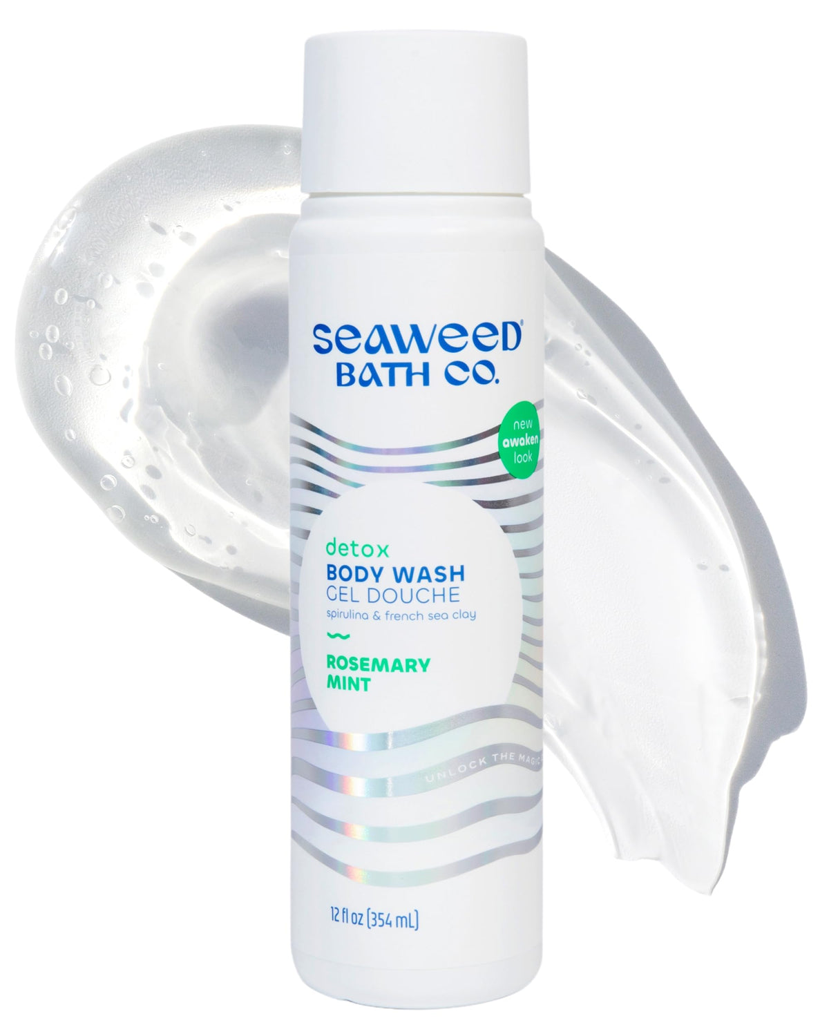 Seaweed Bath Co. front bottle visible on white background, clear product identity and benefit