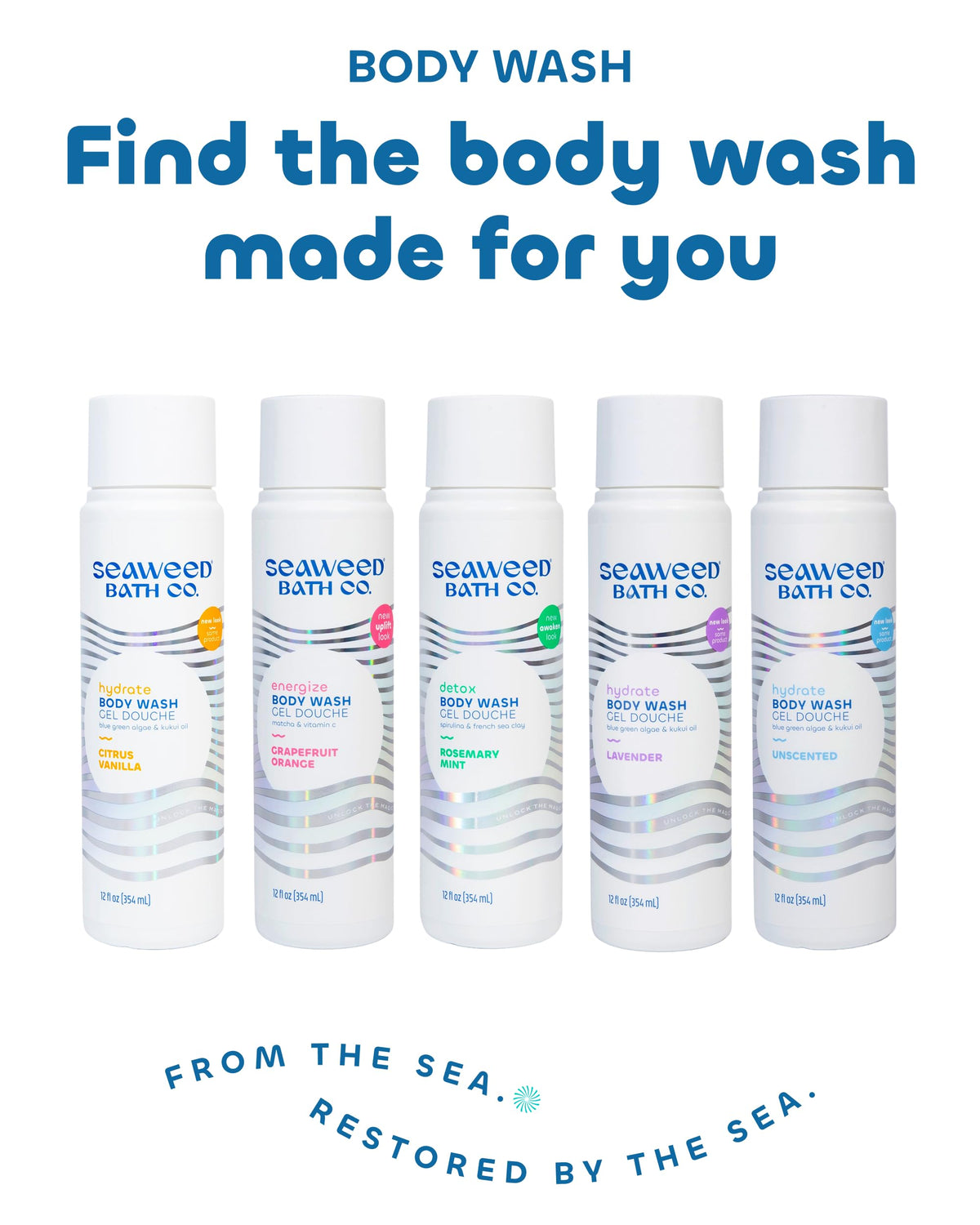 The Seaweed Bath Co. bottle staged in a shower setting to show invigorating, daily-use benefit