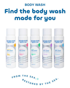 The Seaweed Bath Co. bottle staged in a shower setting to show invigorating, daily-use benefit