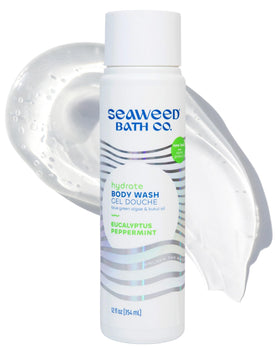 Seaweed Bath Co. front bottle showing eucalyptus peppermint scent and 12 oz size benefit hydration