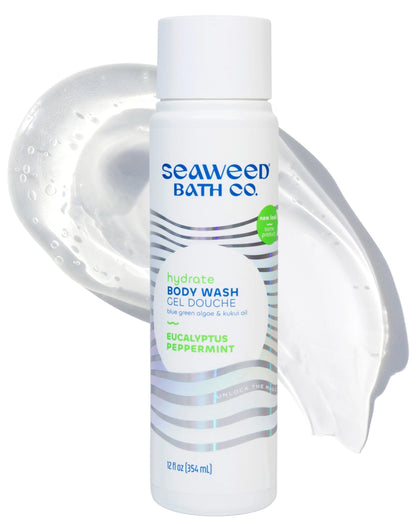 Seaweed Bath Co. front bottle showing eucalyptus peppermint scent and 12 oz size benefit hydration