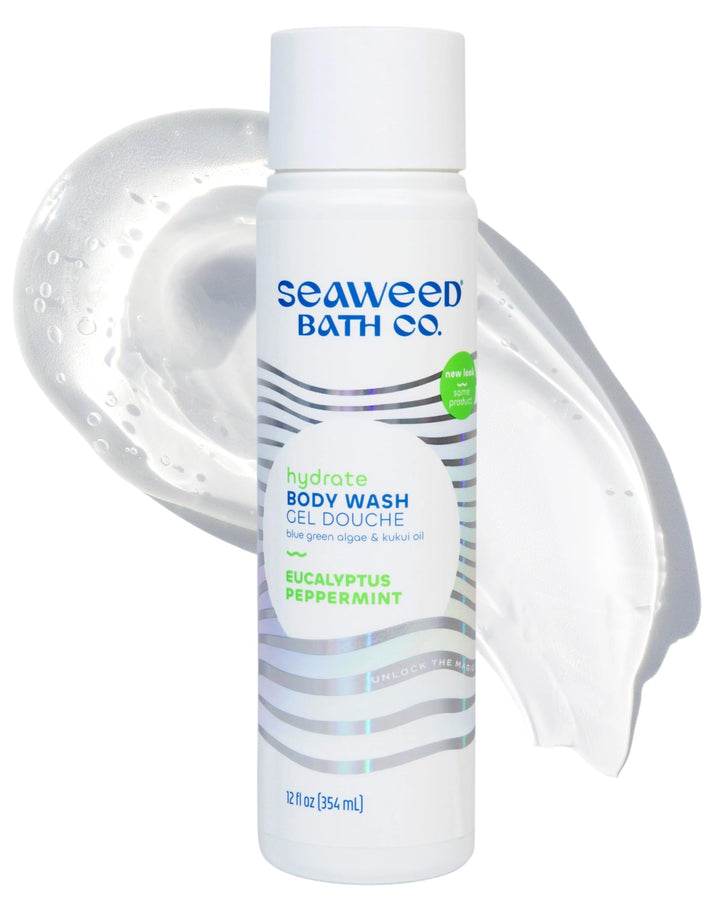 Seaweed Bath Co. front bottle showing eucalyptus peppermint scent and 12 oz size benefit hydration