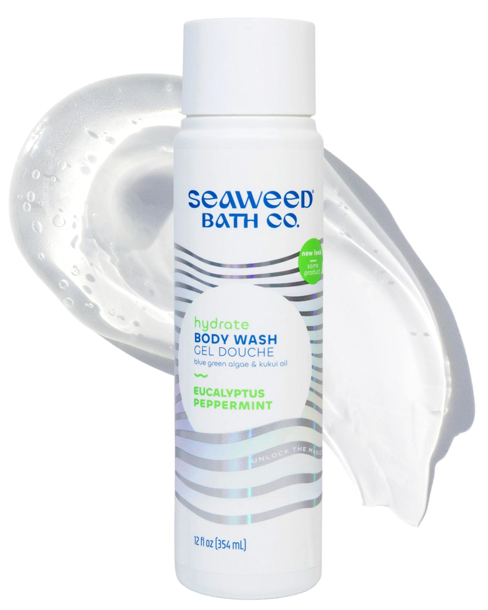 Seaweed Bath Co. front bottle showing eucalyptus peppermint scent and 12 oz size benefit hydration