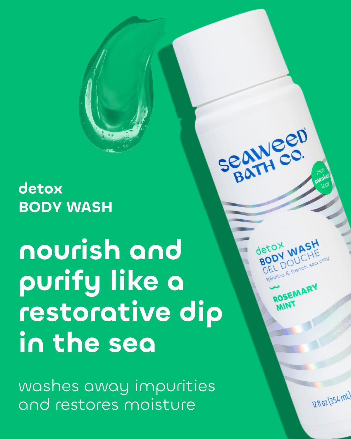 Seaweed Bath Co. label close-up showing ingredient list and natural sourcing benefits