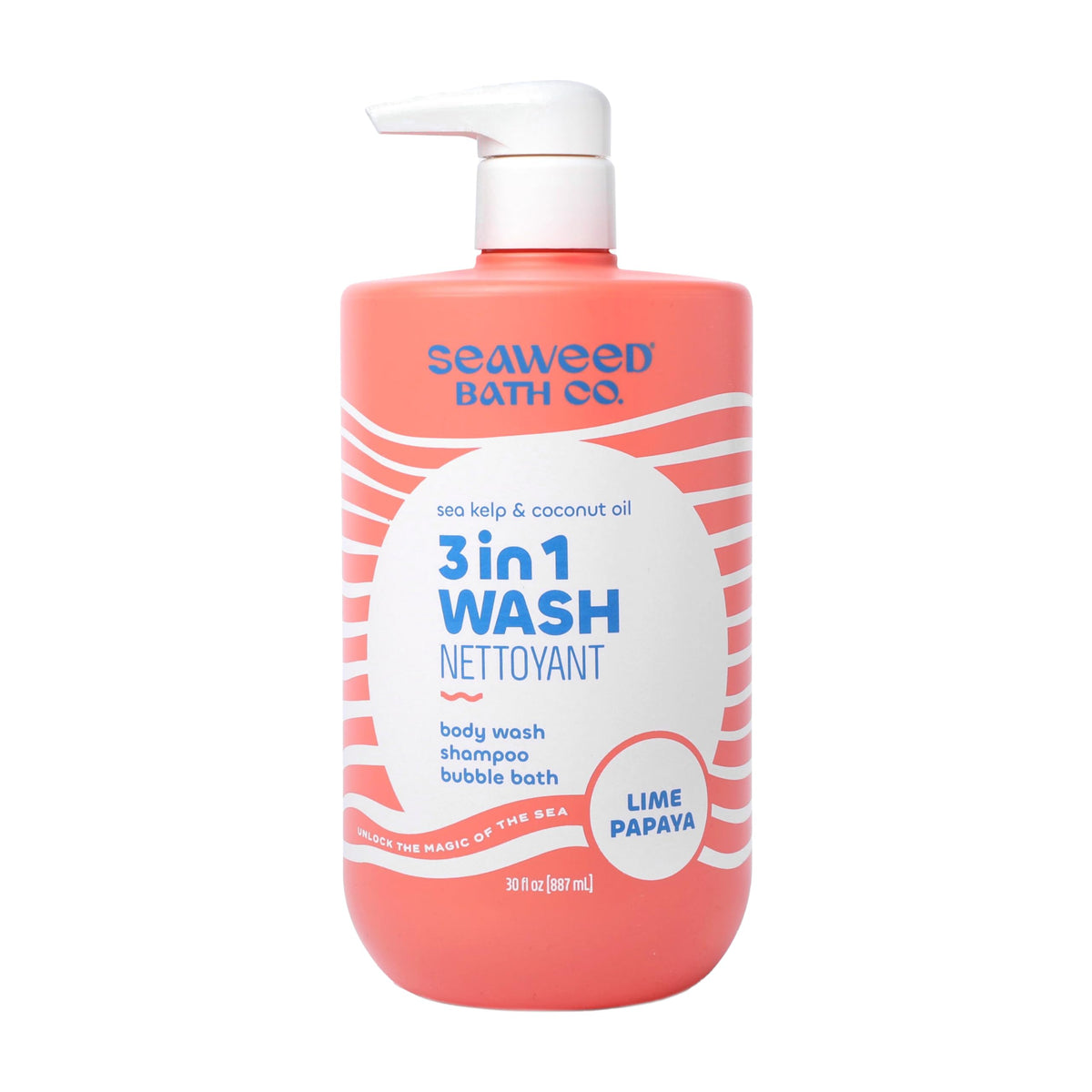The Seaweed Bath Co. front bottle showing lime papaya label and size benefit