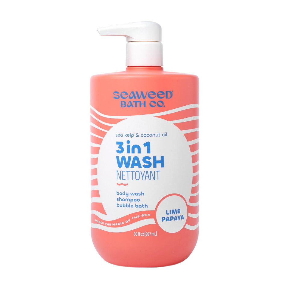 The Seaweed Bath Co. front bottle showing lime papaya label and size benefit