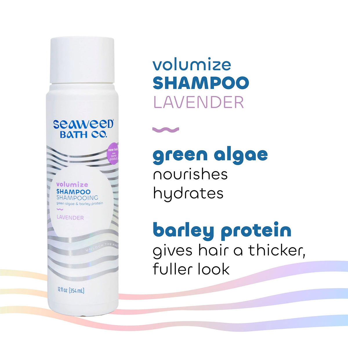 Seaweed Bath Co. shampoo being applied in shower showing volumizing and aromatic benefit