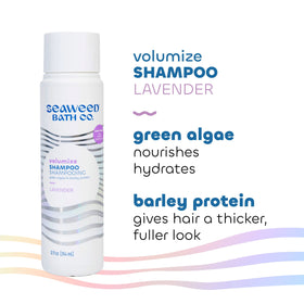 Seaweed Bath Co. shampoo being applied in shower showing volumizing and aromatic benefit