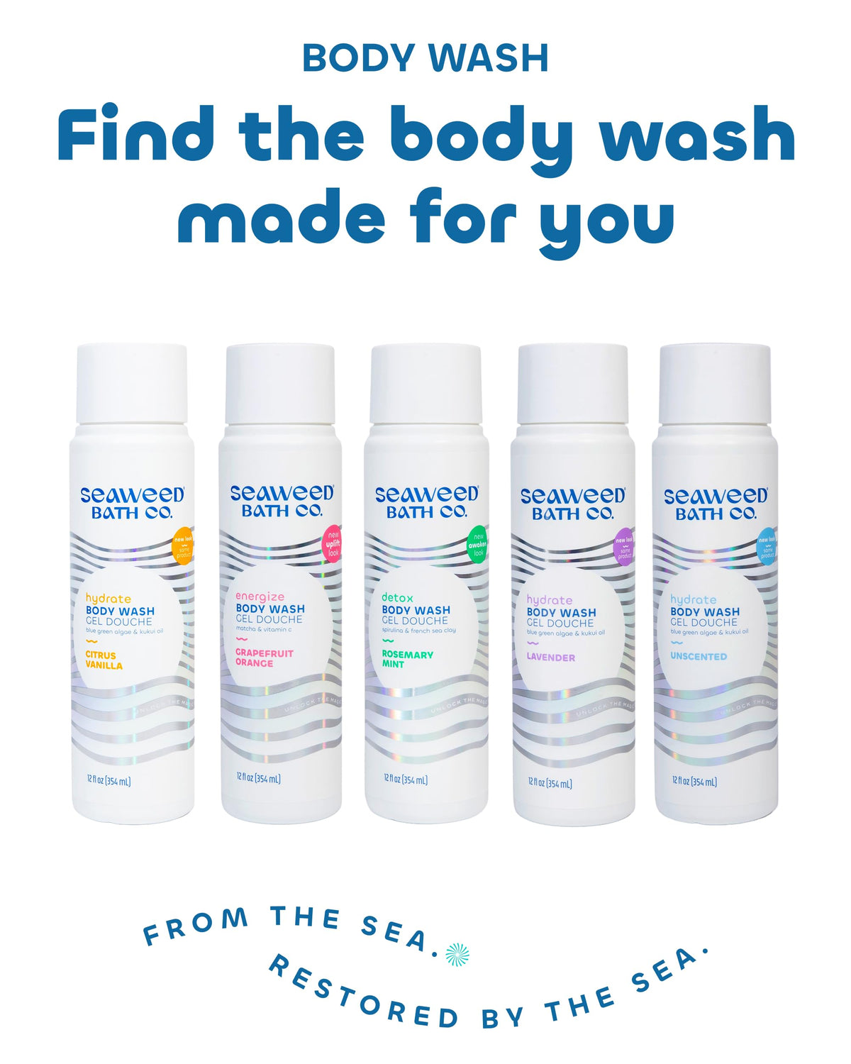 Seaweed Bath Co. 12 oz bottle next to a hand showing product scale