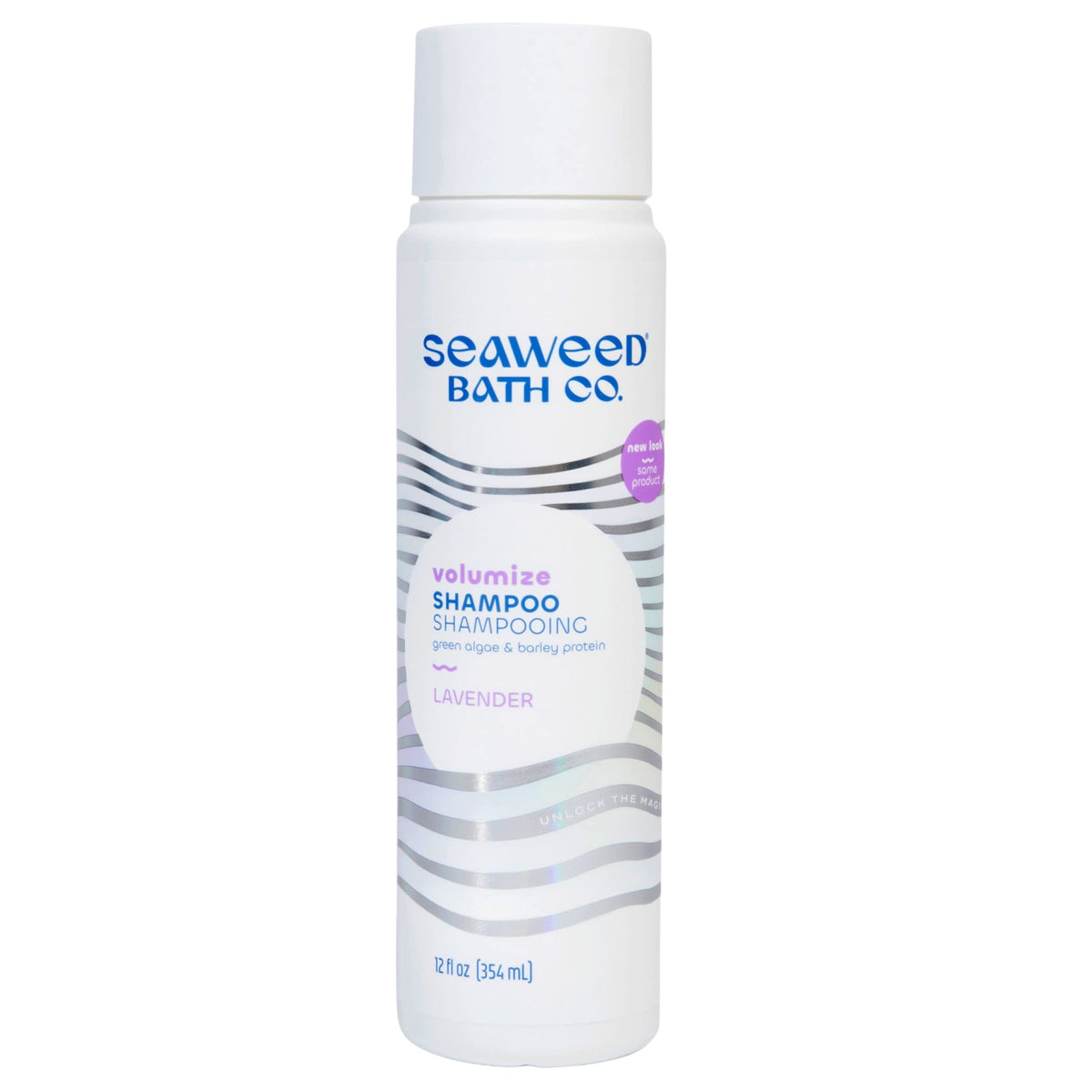Seaweed Bath Co. front packaging showing 12 oz volumize shampoo and lavender scent benefit