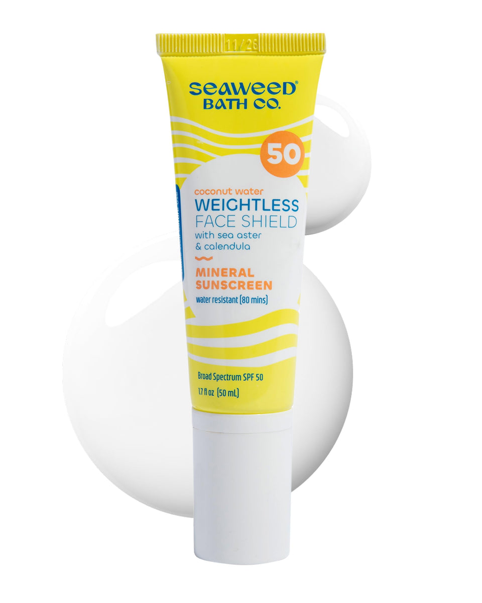 The Seaweed Bath Co. front packaging showing SPF 50 protection and size