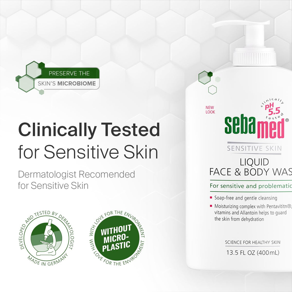 SEBAMED bottle on bathroom shelf in lifestyle scene conveying calm, hydrated skin