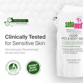 SEBAMED refill pouch on bathroom shelf in use-ready setting benefit