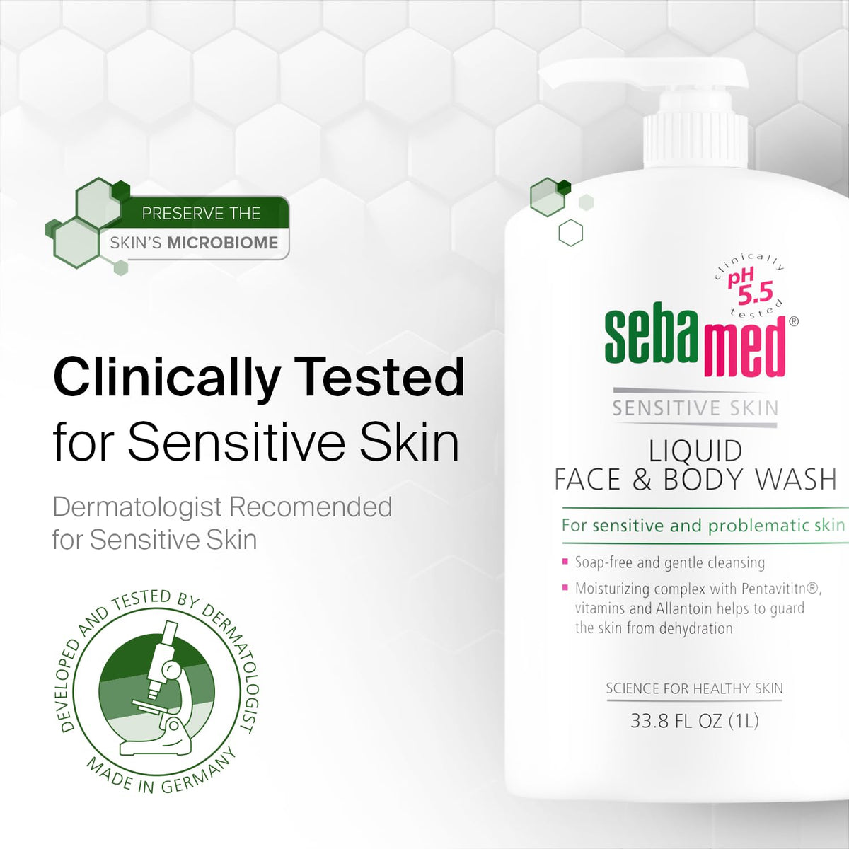 SEBAMED bottle on bathroom shelf next to towel, illustrates daily routine