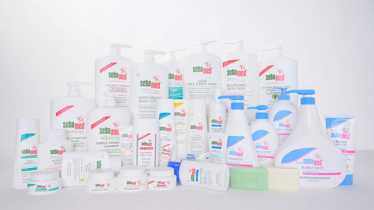 SEBAMED bottle beside skincare products showing daily routine fit