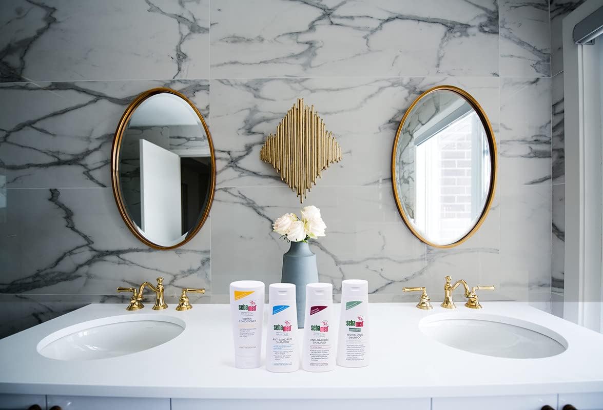 SEBAMED bottle in bathroom setting conveying daily use convenience and travel-ready size