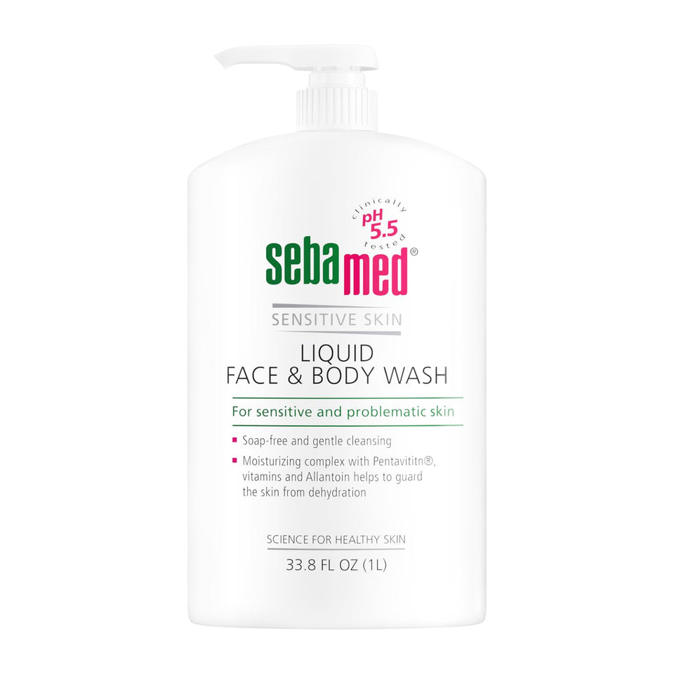 SEBAMED front view of 1L bottle showing branding and pump, gentle daily care