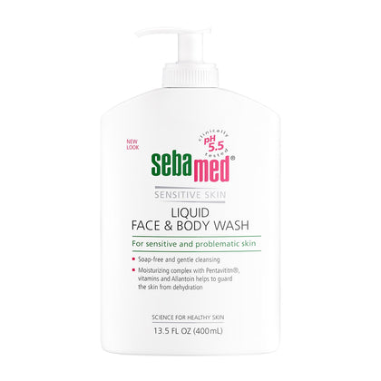 SEBAMED front pump bottle shown on white background with clear labeling and easy dispensing