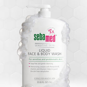 Close-up of SEBAMED ingredient label showing pH 5.5 and moisturizing components