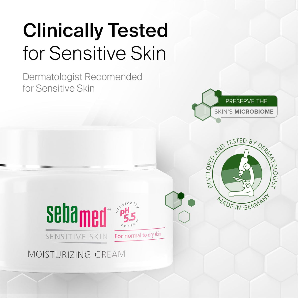 SEBAMED jar label close-up highlighting pH 5.5 and vitamin E for reassurance