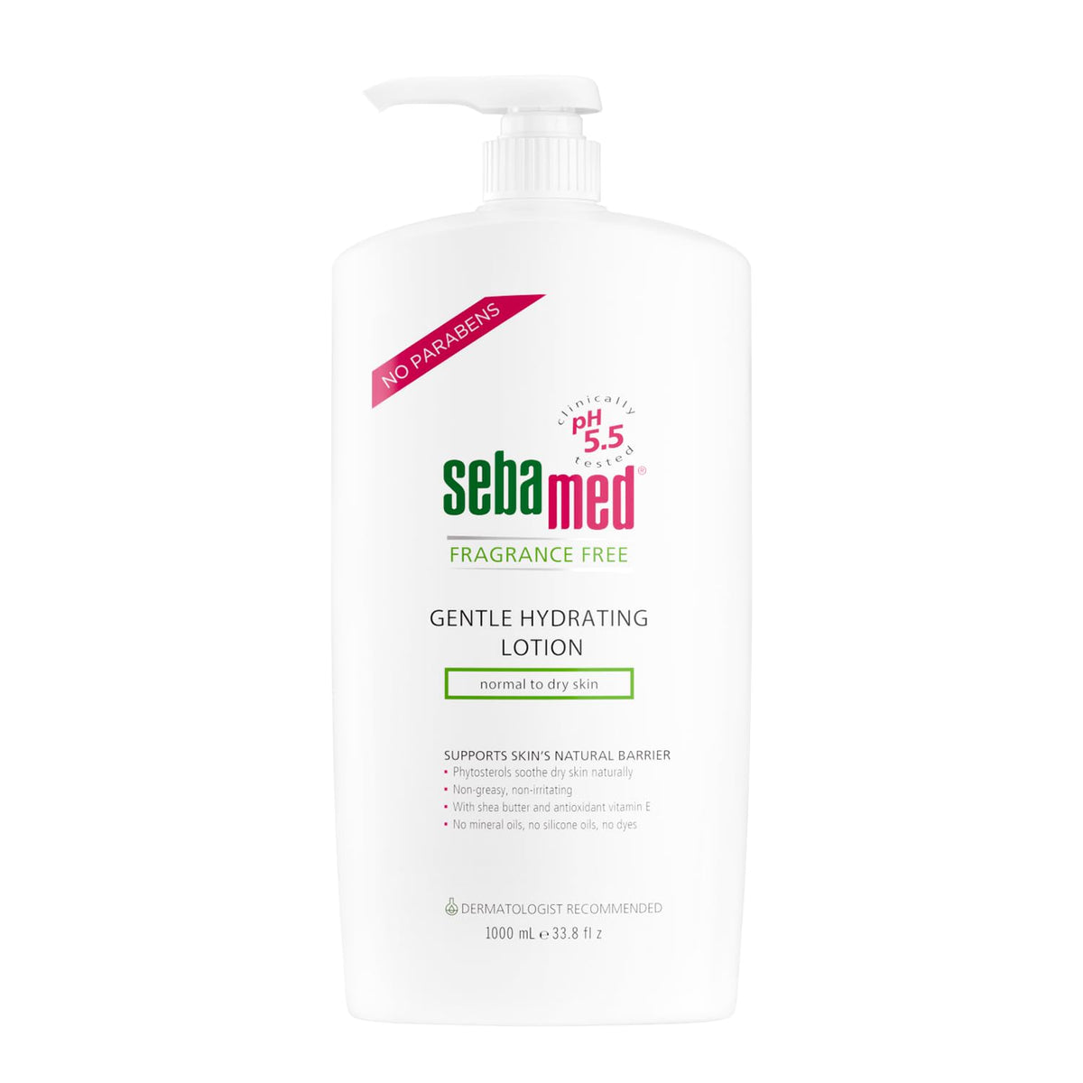 SEBAMED front packaging showing 1L bottle and label benefits