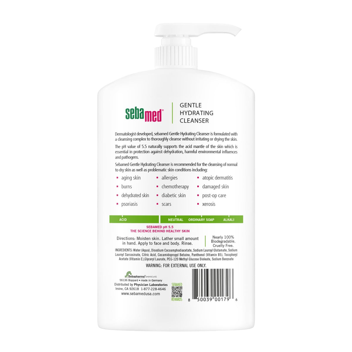 SEBAMED one liter pump next to a hand and towel, large-value benefit