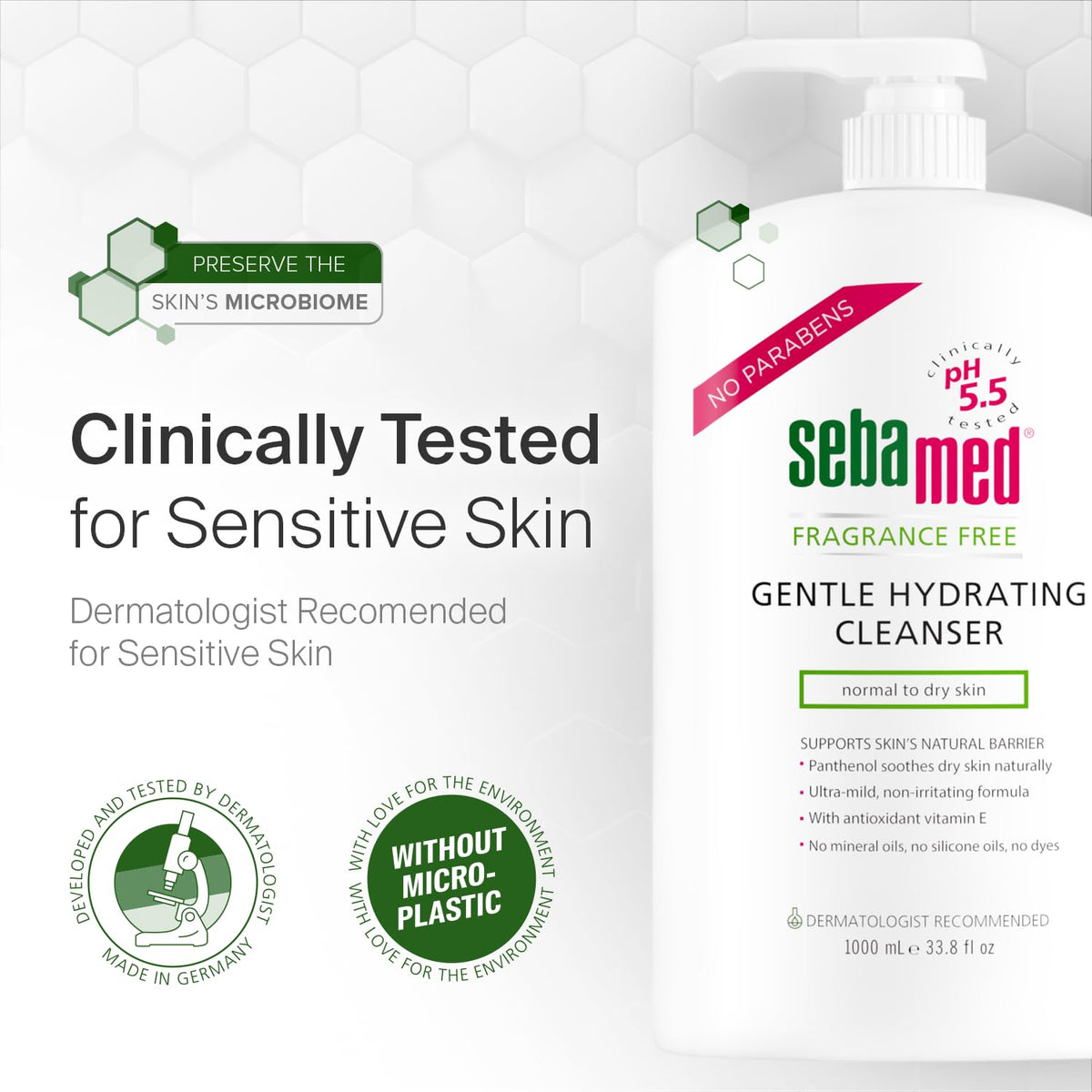 SEBAMED cleanser on open palm before rinsing, easy-application benefit