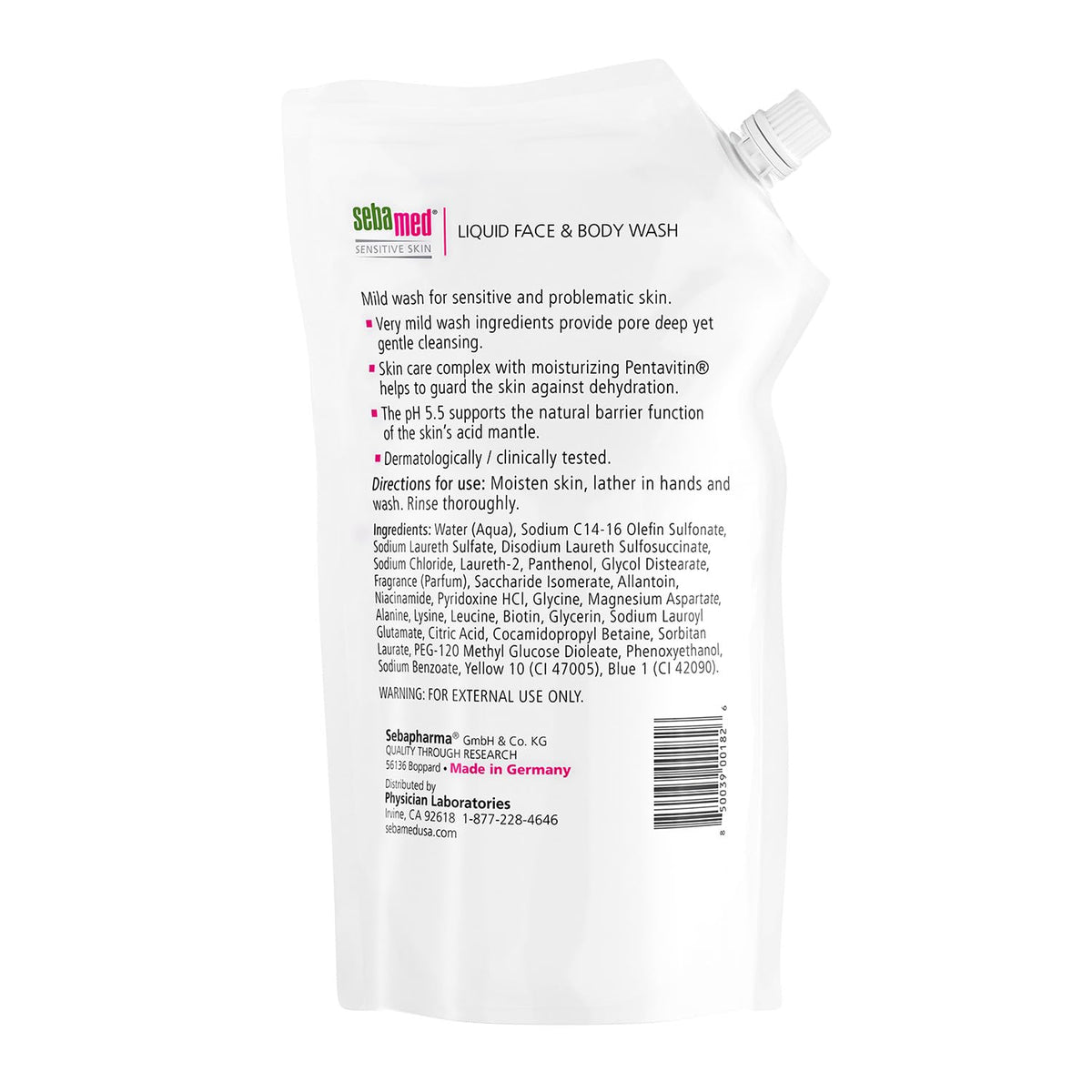 SEBAMED pour spout close-up demonstrating easy refill benefit