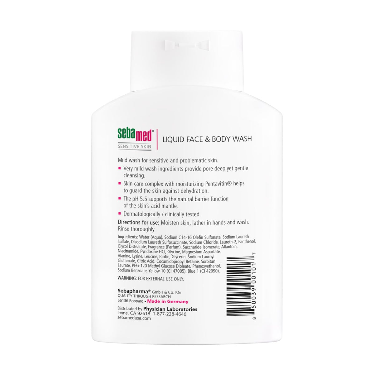 SEBAMED label close-up highlighting pH 5.5 and soap-free formula for barrier-supporting benefit