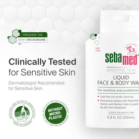 SEBAMED bottle on bathroom counter in routine setting suggesting compatibility with daily skincare