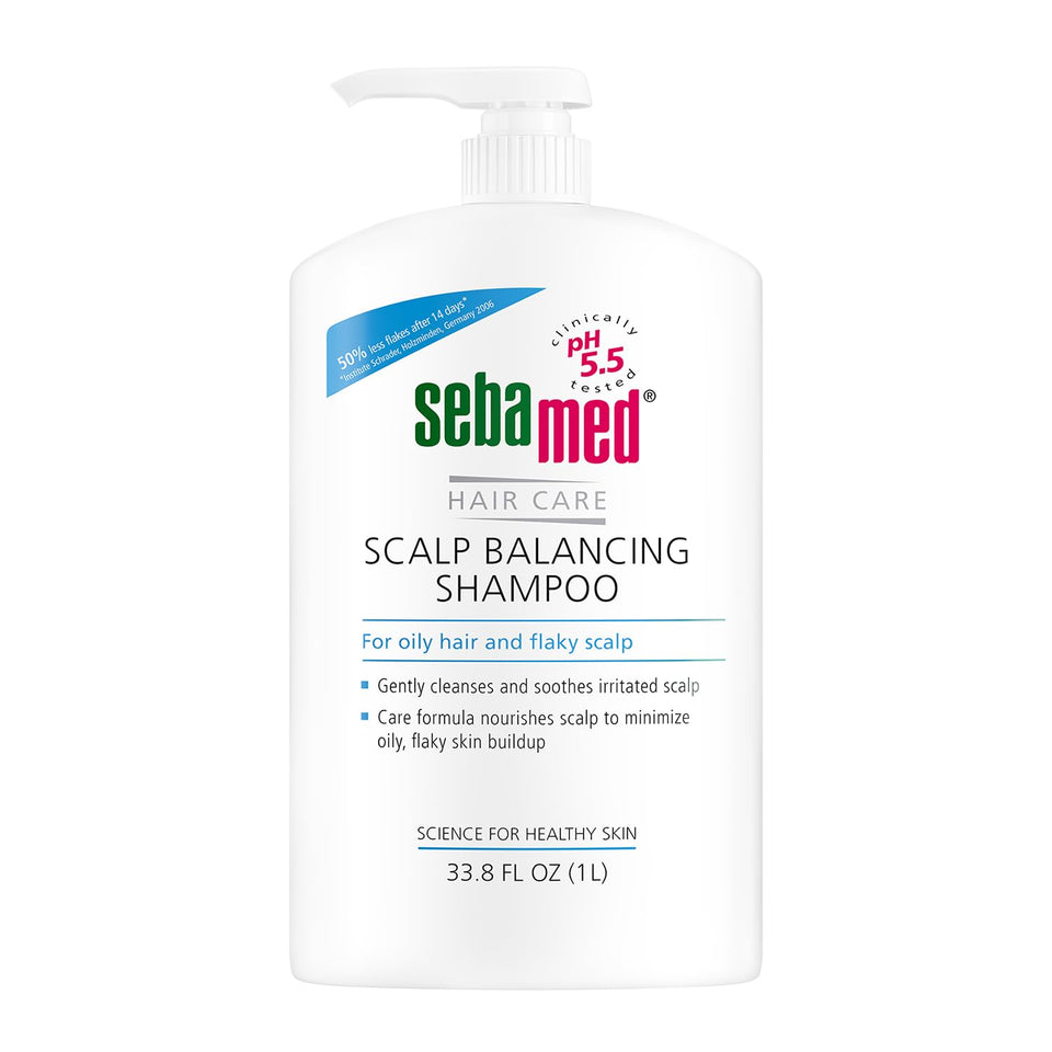 SEBAMED front packaging of scalp balancing shampoo showing volume and pump benefit