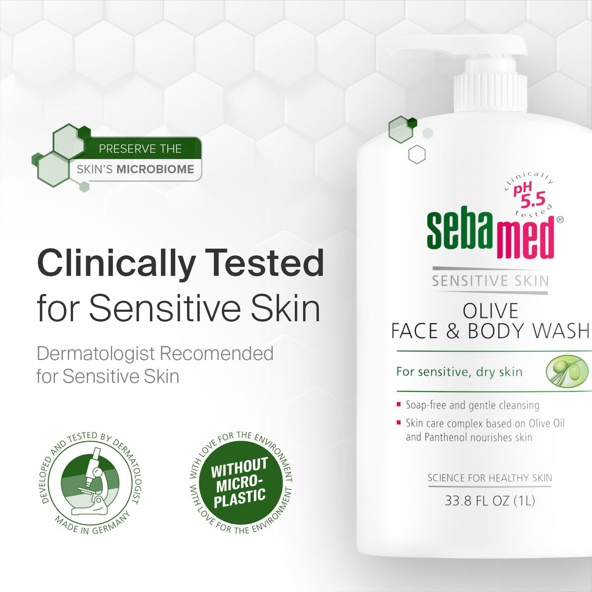 sebamed bottle held in hand for size comparison showing one-liter value