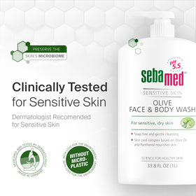 sebamed bottle held in hand for size comparison showing one-liter value