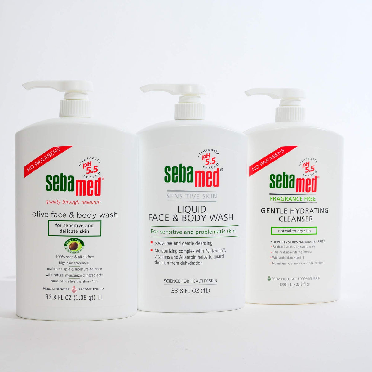 SEBAMED bottle next to ruler showing 1 liter size and value