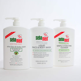 SEBAMED bottle next to ruler showing 1 liter size and value