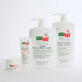 Three SEBAMED pump bottles together indicating bulk pack supply