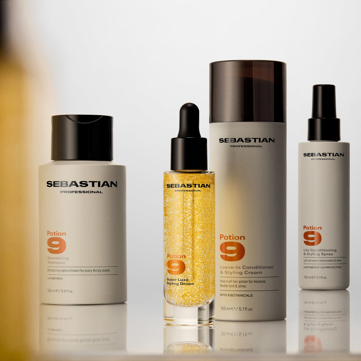 Sebastian Potion 9 on bathroom shelf as part of daily routine for easy styling benefit