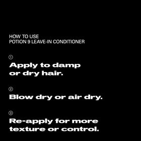 Sebastian Potion 9 applied to damp hair illustrating priming for heat or air-dry styles and reduced frizz