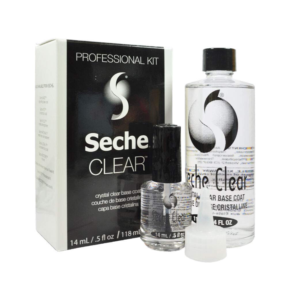 Seche clear front packaging showing bottle and funnel for neat refills