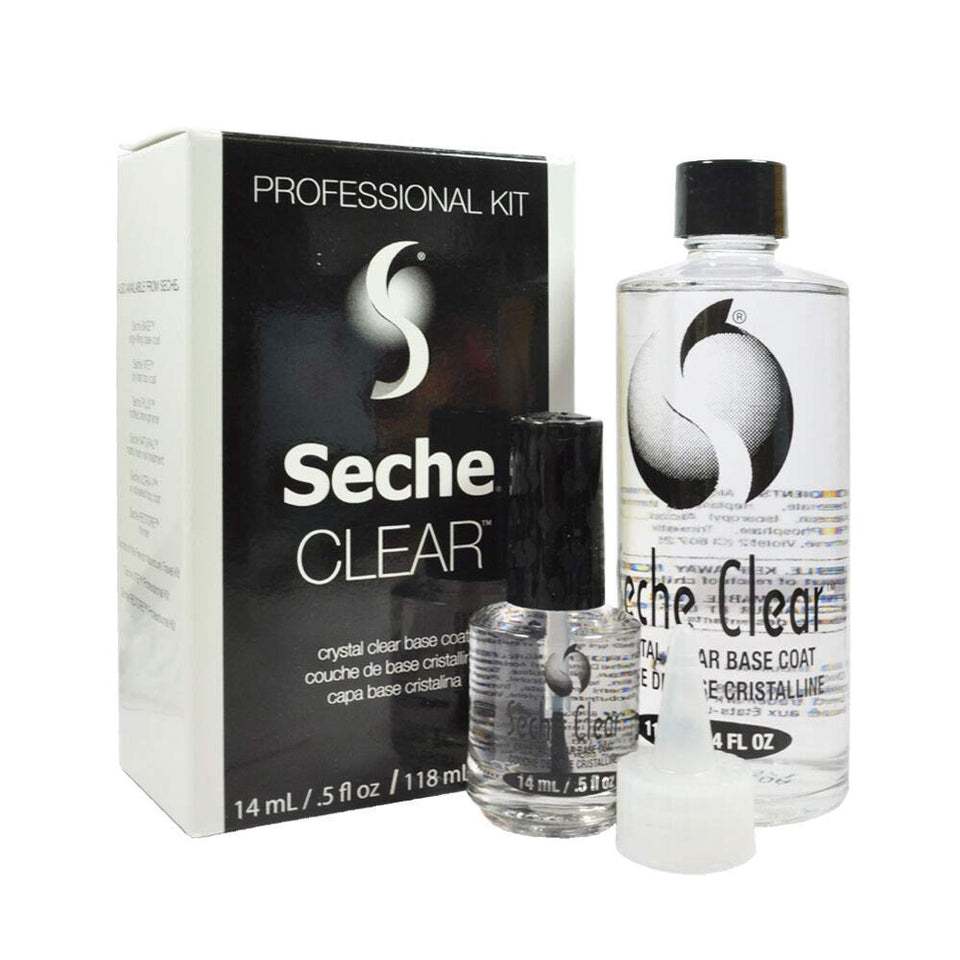 Seche clear front packaging showing bottle and funnel for neat refills